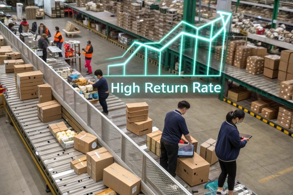 a chaotic e commerce warehouse scene with conveyor