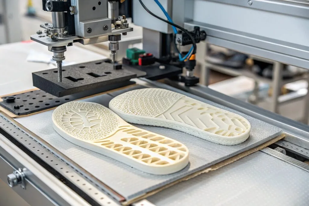 a detailed close up of custom insoles being 3d pri