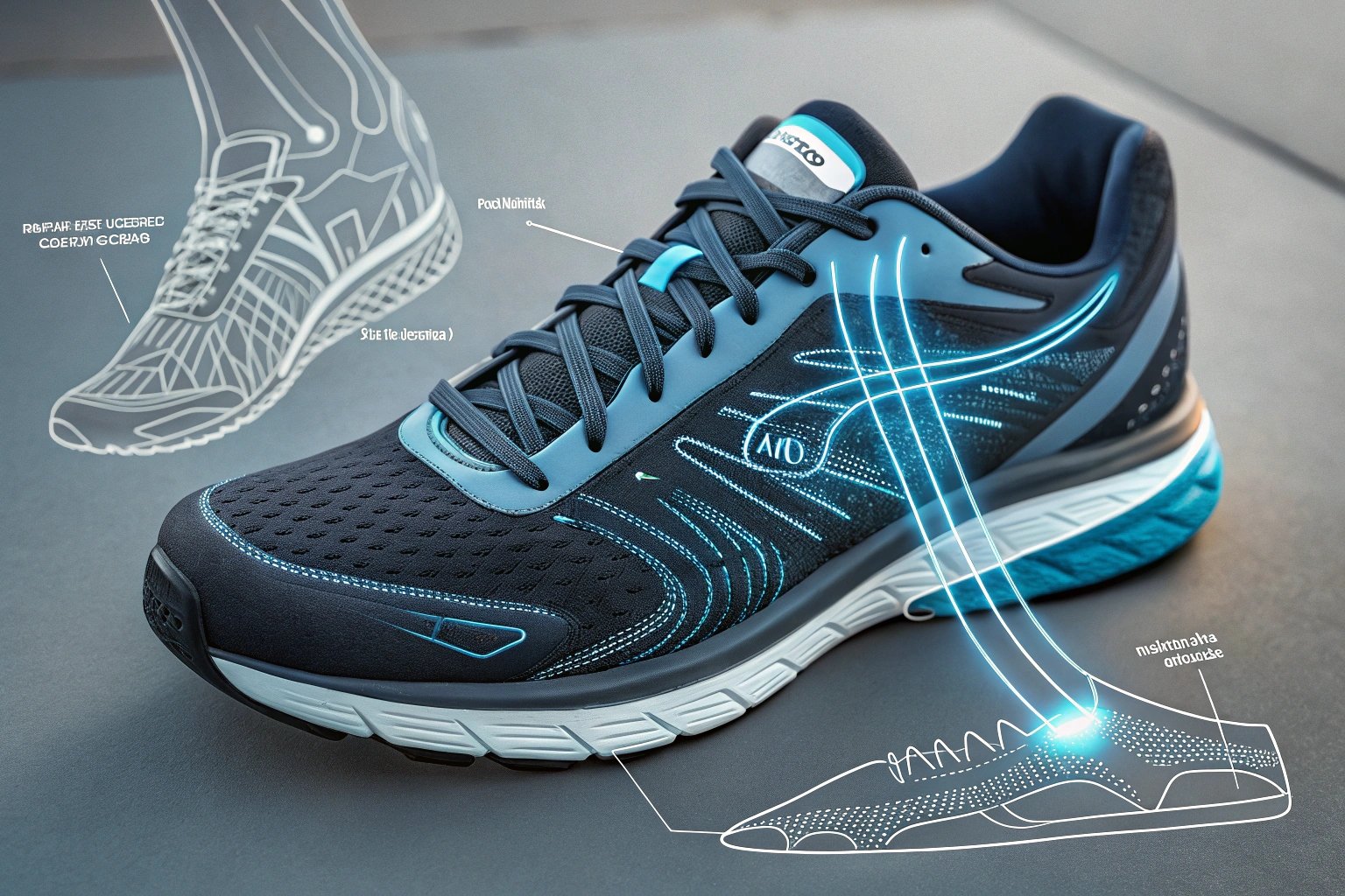 a detailed close up of high tech running shoes wit