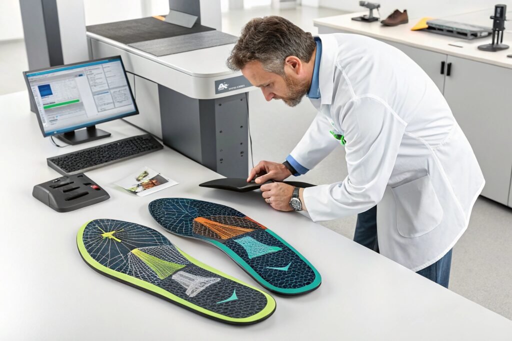 a dynamic 3d render showing custom insoles being d