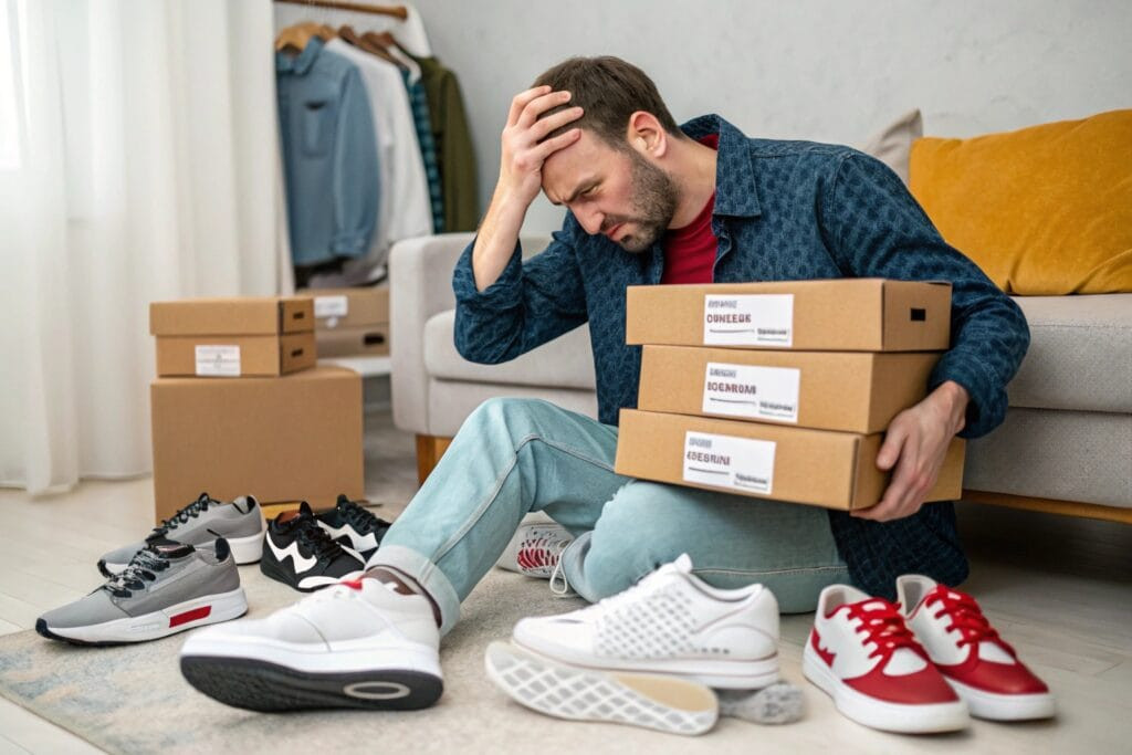 a frustrated online shopper holding multiple shoe