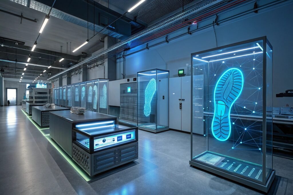 a futuristic laboratory with 3d scanned foot model