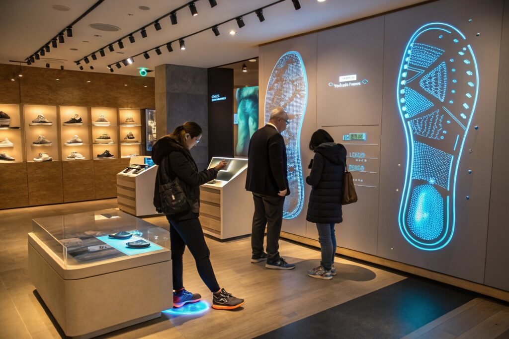 a futuristic retail store with customers interacti