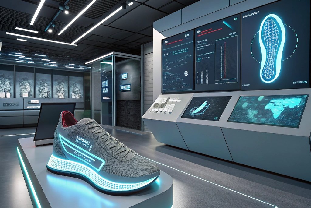 a futuristic shoe design studio in 2025 showcasin