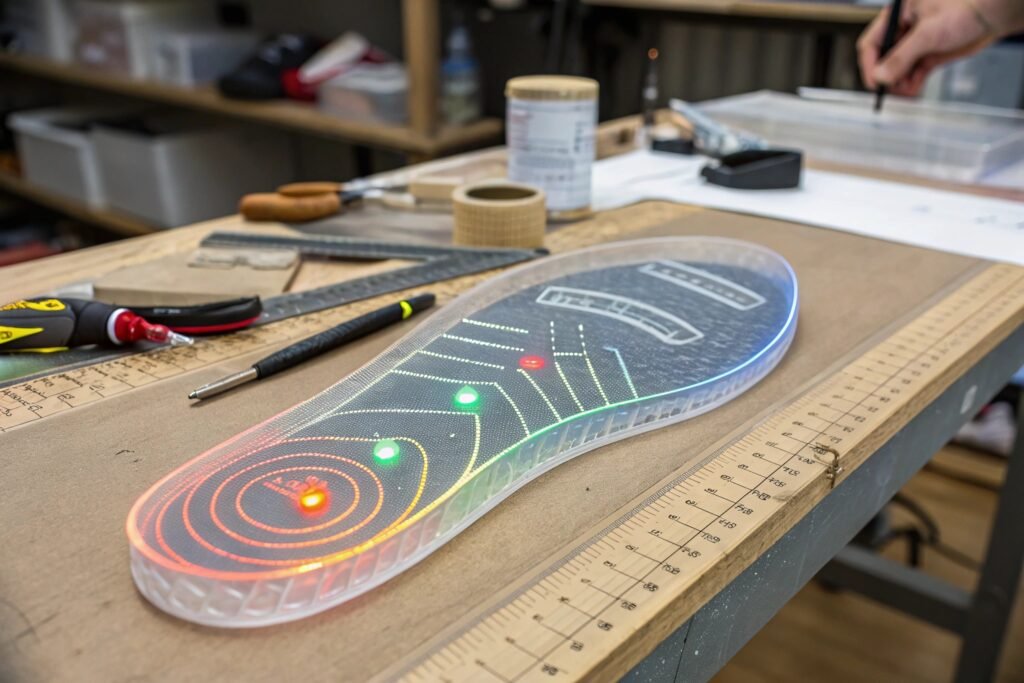 a glowing transparent insole being custom fitted t