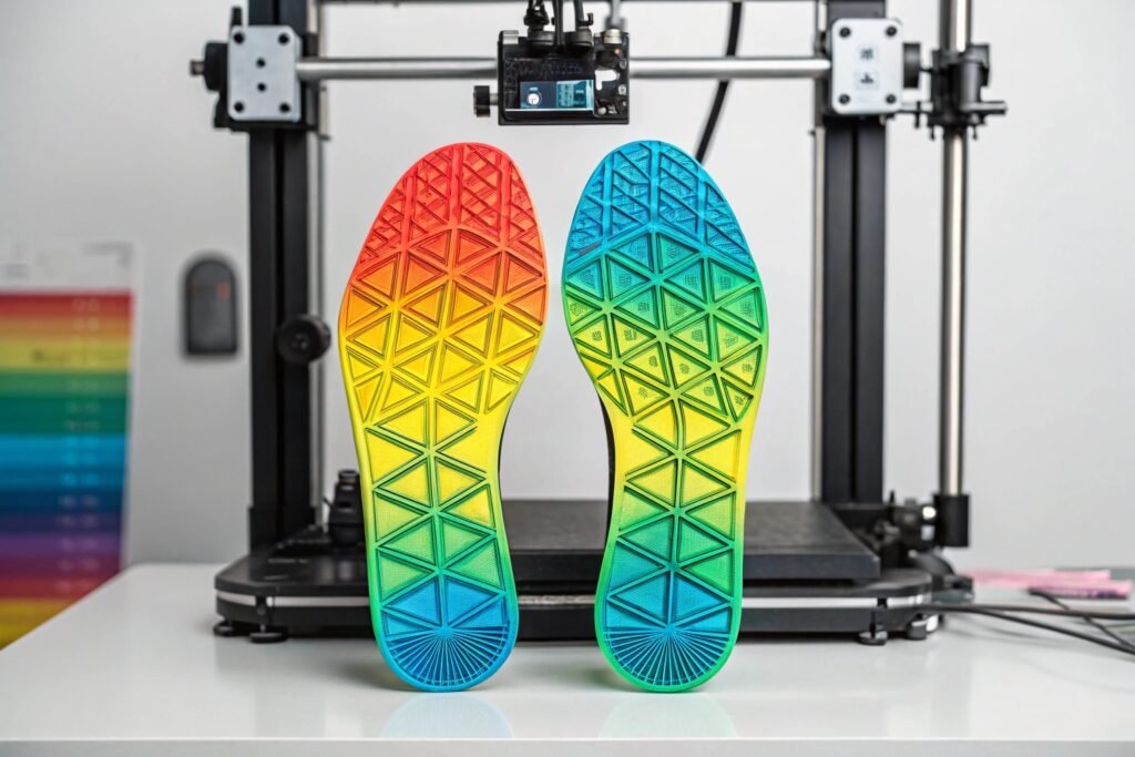 a high tech 3d printer creating vibrant geometric