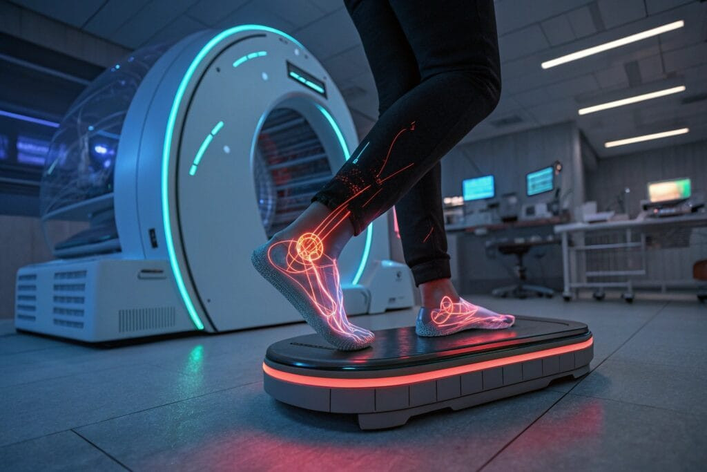 a high tech 3d scanning pod with glowing biomechan