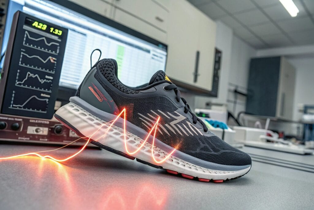 a high tech running shoe with visible shock absorb