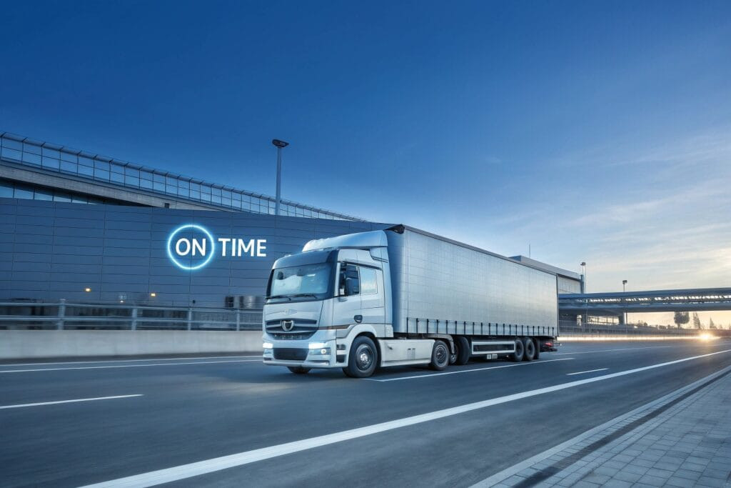 a modern logistics truck driving on a highway wit