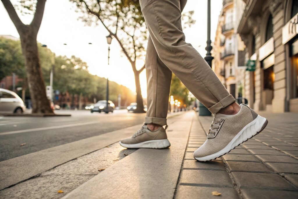 a person walking comfortably on a city street with