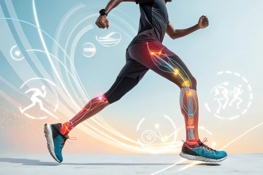 dynamic scene of an athlete mid stride with glowi