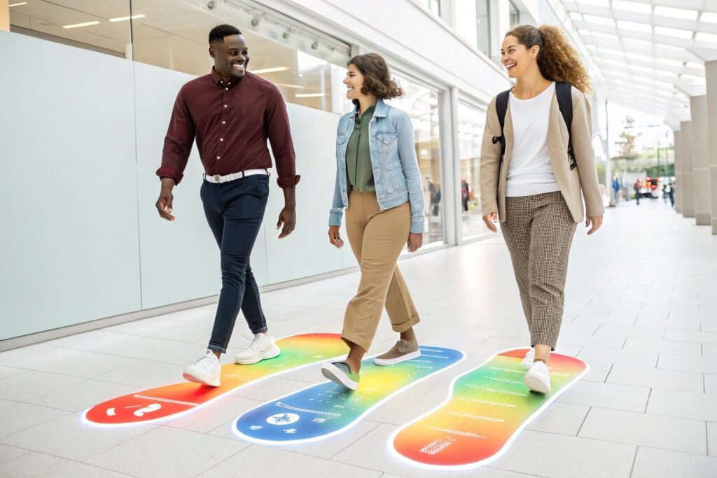 smiling diverse customers walking on glowing foot