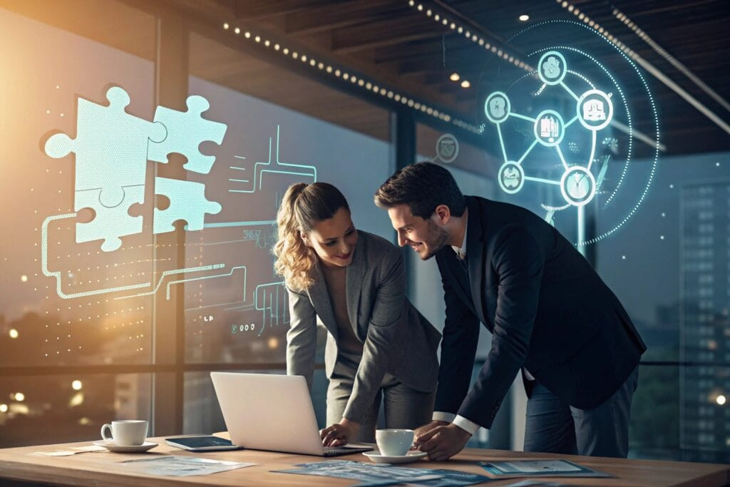 two professionals from different companies collabo