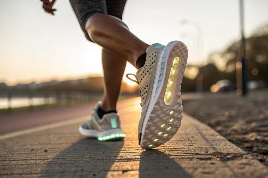 a close up of a runner s foot mid stride showcasi