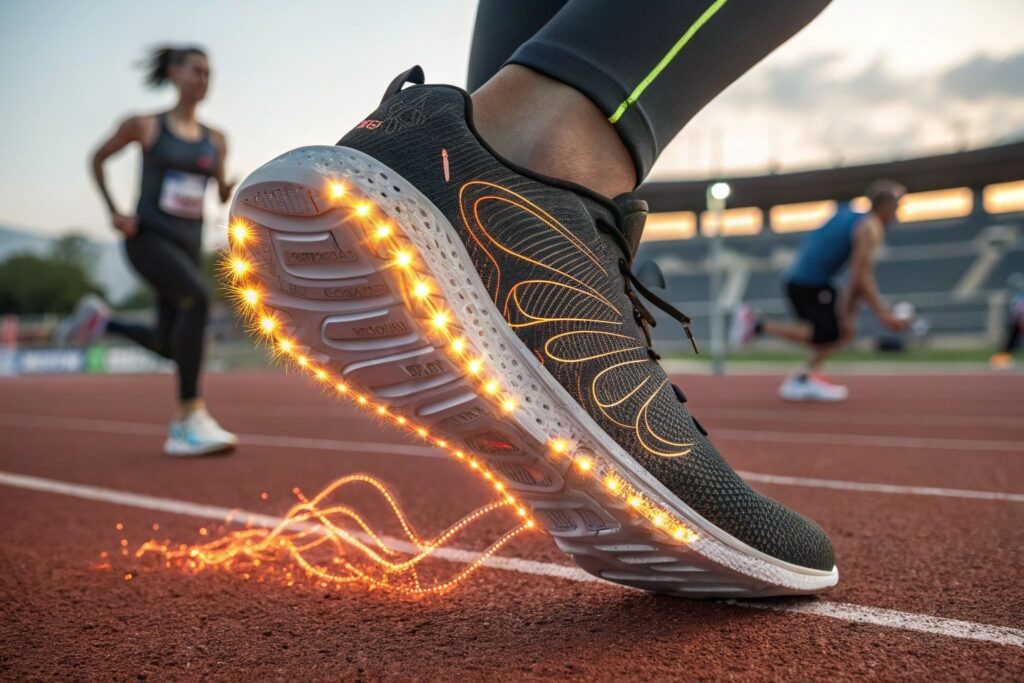 a detailed close up of a high tech athletic shoe