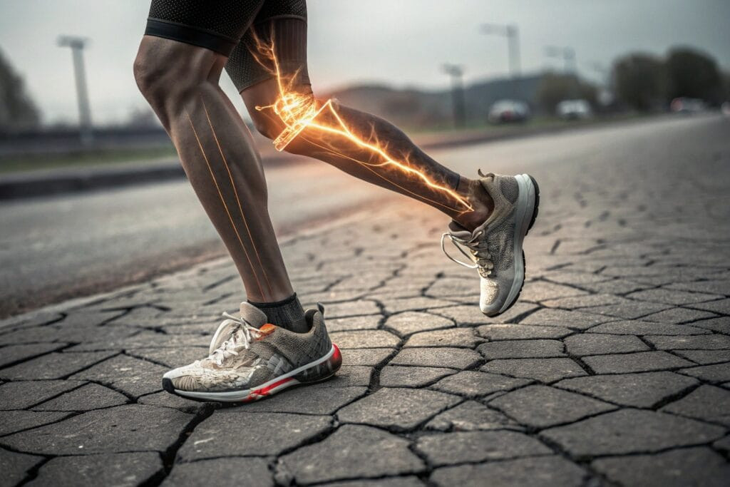 a dynamic close up of a runner s leg mid stride