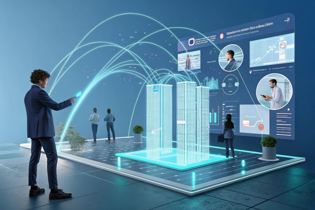 a futuristic holographic interface overlaying a 3d