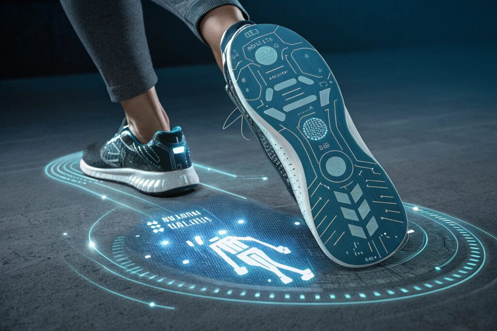 a futuristic smart insole with glowing circuit pa
