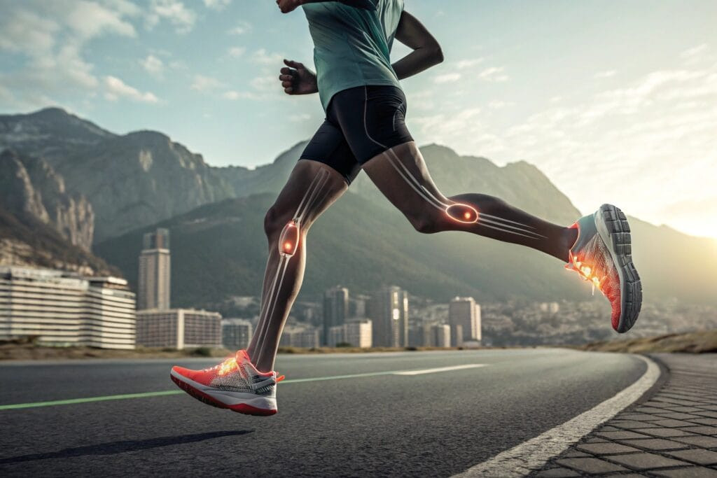 a marathon runner mid stride with translucent feet
