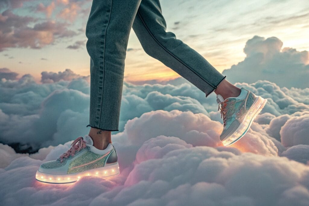 a surreal 3d render of a person walking on fluffy