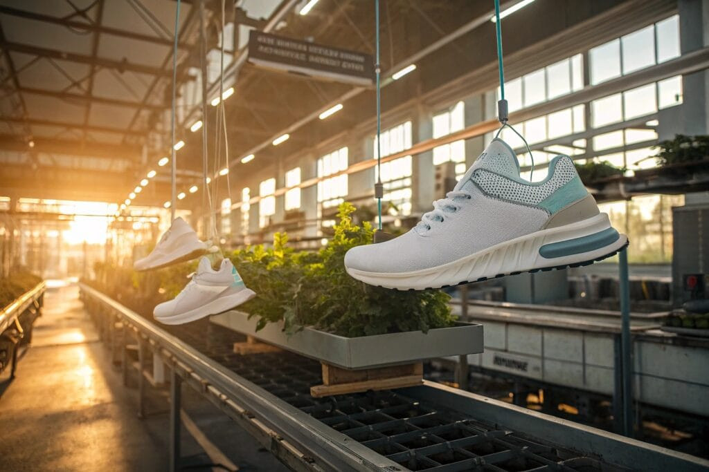 hybrid scene of cloud based footwear factory with