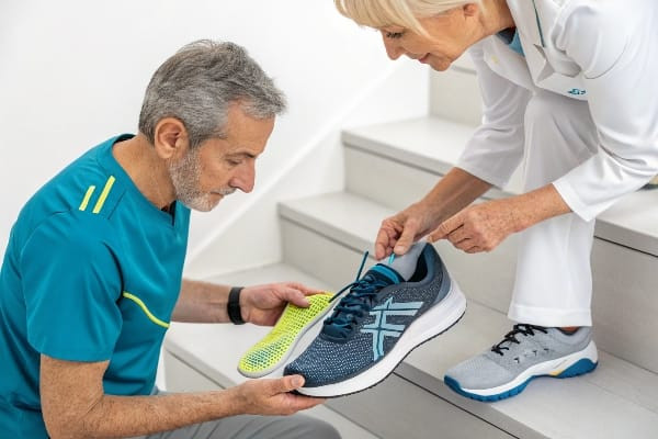 Illustrated steps showing the process of getting new insoles, including professional evaluation, placing insoles in shoes, using them during light activity, and regular replacement