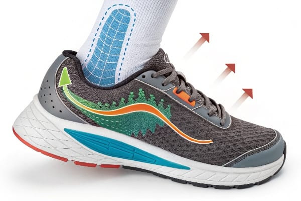 Cross-section view photo-realistic image of an athletic shoe with an arch support insert, showing how it supports the foot's arch during impact