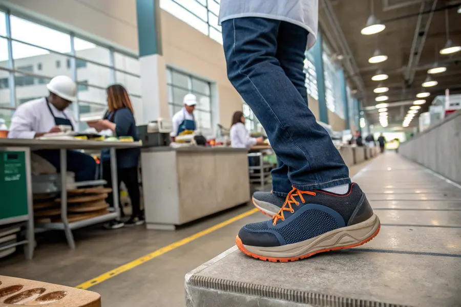 Person standing with cushioned shoes incorporating arch support on hard surfaces like a restaurant or warehouse floor, emphasizing comfort and foot relief.