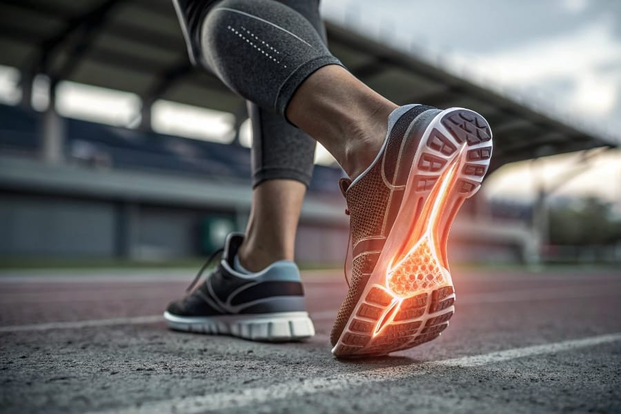 Close-up, photo-realistic image of an athlete's foot during a sports activity, showing the foot making contact with the ground or shoe, subtly highlighting a collapsed arch