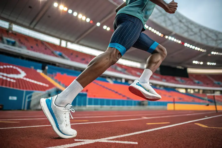 A professional athlete in motion with supportive athletic footwear, illustrating the importance of arch support for flat feet in sports.