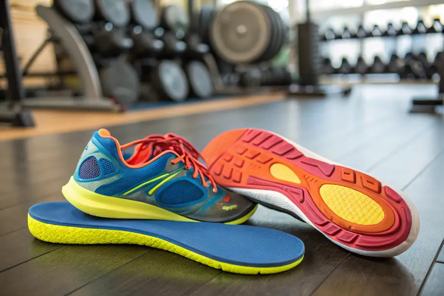 Close-up of athletic shoes featuring cushioned insoles designed for arch support, ideal for individuals with flat feet.
