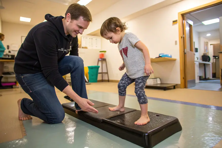 A parent and child conducting a wet footprint test at home to identify flat feet, with the child's wet footprint visible on a dark surface.