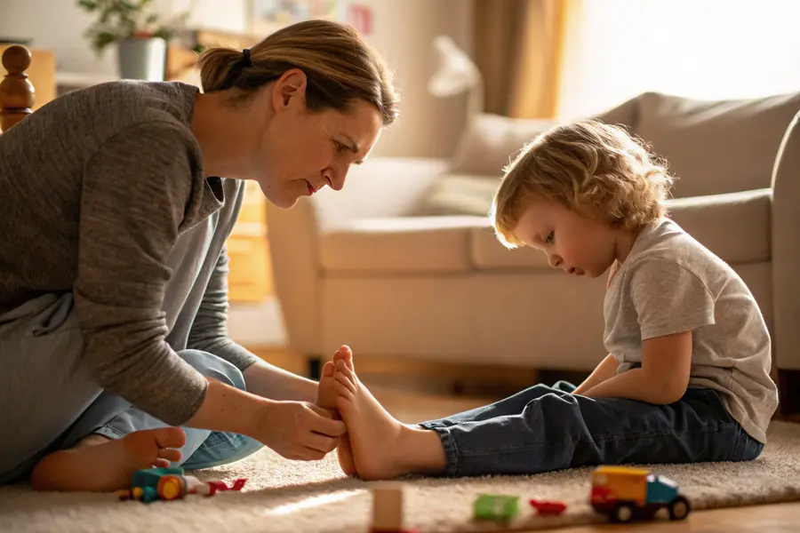 A parent carefully looking at the flat feet of their child in a cozy living room setting, emphasizing parental concern about foot development.