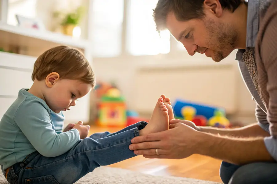 A parent gently holding a child's foot to observe its development, with toys visible in the background.