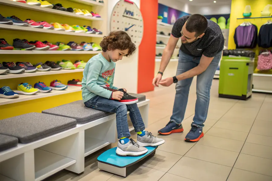 A child trying on shoes in a store with a focus on insoles and foot support guidance from a parent.