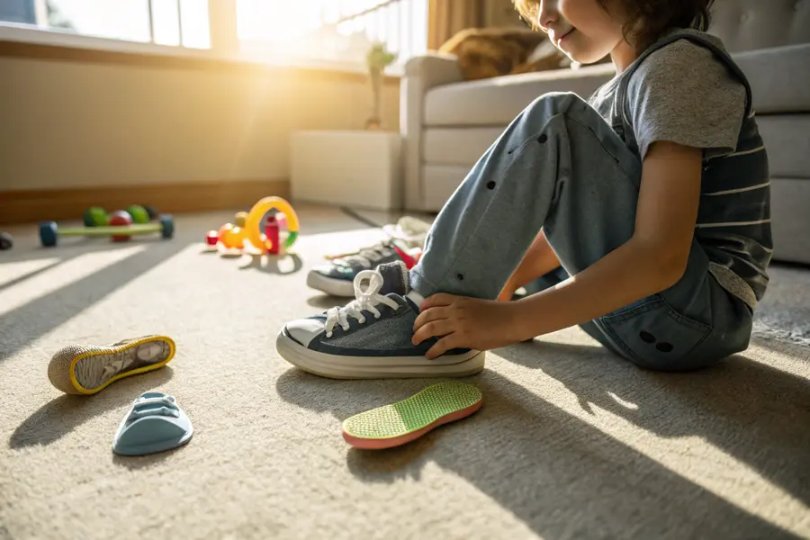A child sitting on the floor trying ergonomic arch support insoles with visible flat feet and sneakers beside them, emphasizing a playful and healthy setting.