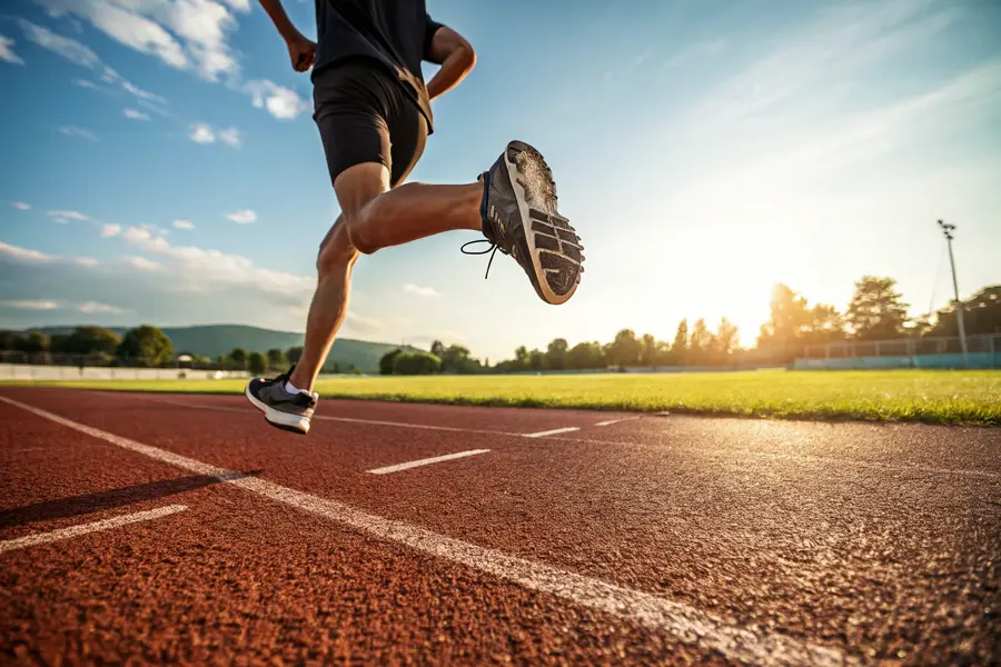 A young athlete running on a track, focusing on their feet in motion, with supportive athletic shoes and a vibrant outdoor setting.