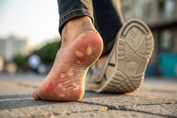 A close-up photograph of a foot with visible redness and indentations on the skin, indicating pressure and friction from ill-fitting footwear. The toes appear slightly squeezed