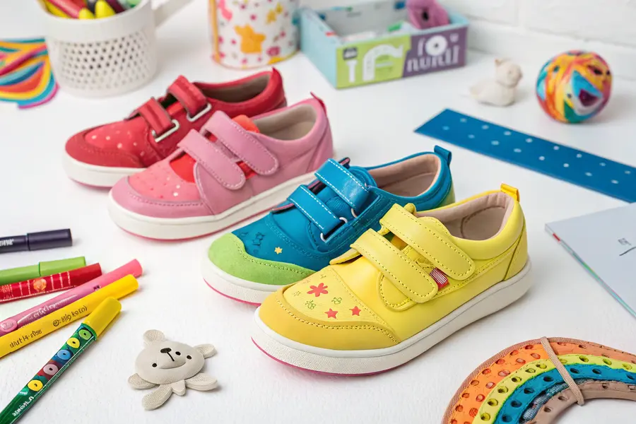 A display of supportive children's shoes for flat feet, featuring wide toe boxes and structured heel counters against a playful background of toys and school supplies.