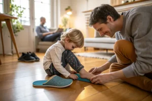 A parent closely inspecting the flat arches of a child's foot with orthotics and supportive shoes nearby, in a cozy home setting.