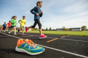 Children running on a track wearing supportive and colorful running shoes suitable for flat feet, with visible shoe features like arch support and firm heel counters.