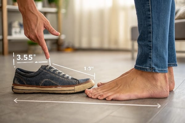 A person's bare foot stands on a shoe insole. A finger measures the gap between the longest toe and the end of the insole, demonstrating how to check for adequate toe space for proper shoe length