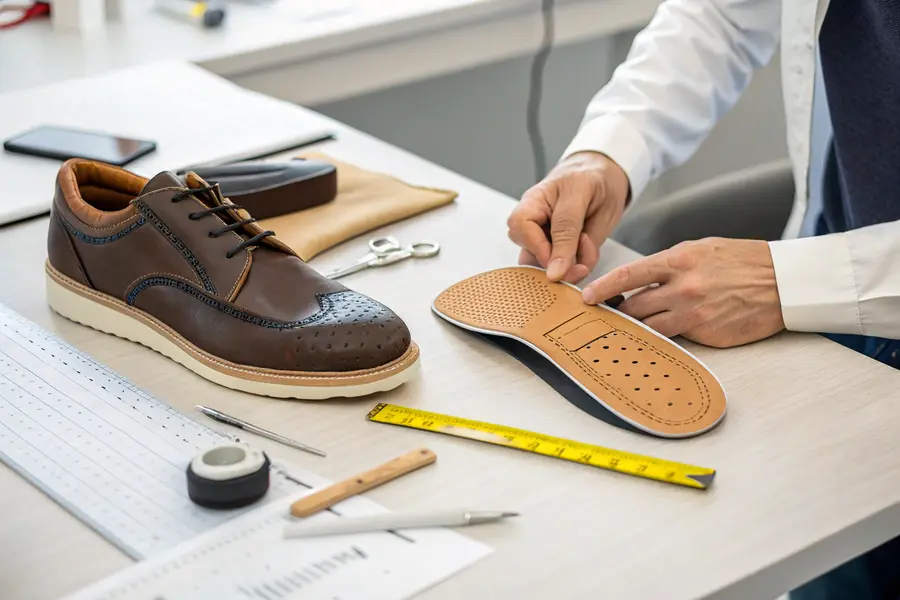 A person examines a shoe insole, pointing to its toe area, demonstrating how to check for proper toe space and alignment in a clean workspace.