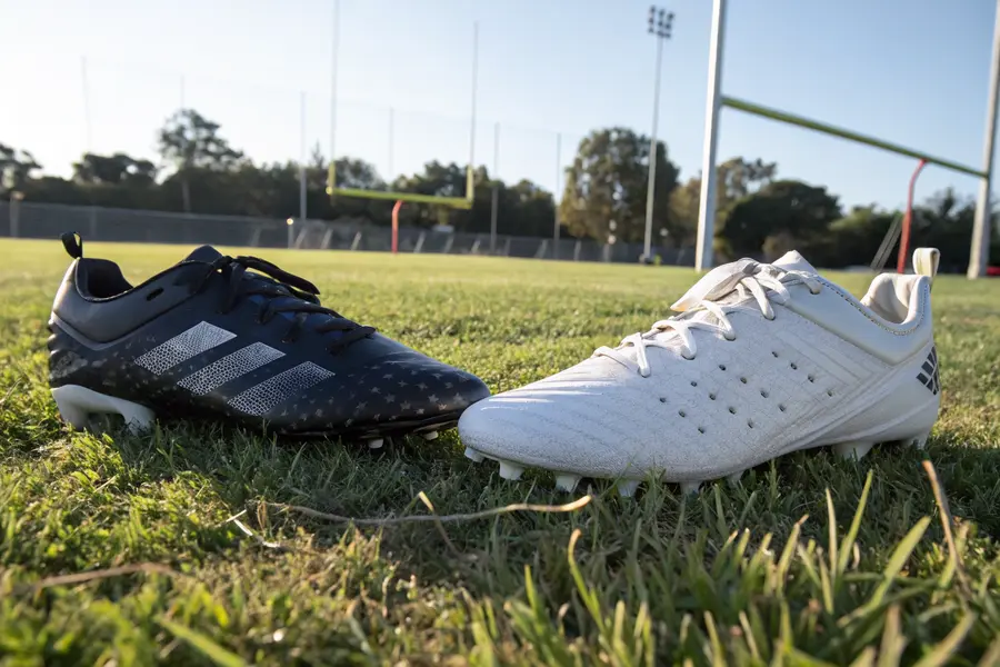 A comparison between soccer cleats and football cleats on a grass field, highlighting distinctions in design, stud patterns, and ankle support.
