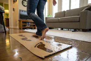 A person stands on cardboard indoors with wet feet, leaving one full and one arched footprint to test for flat feet.