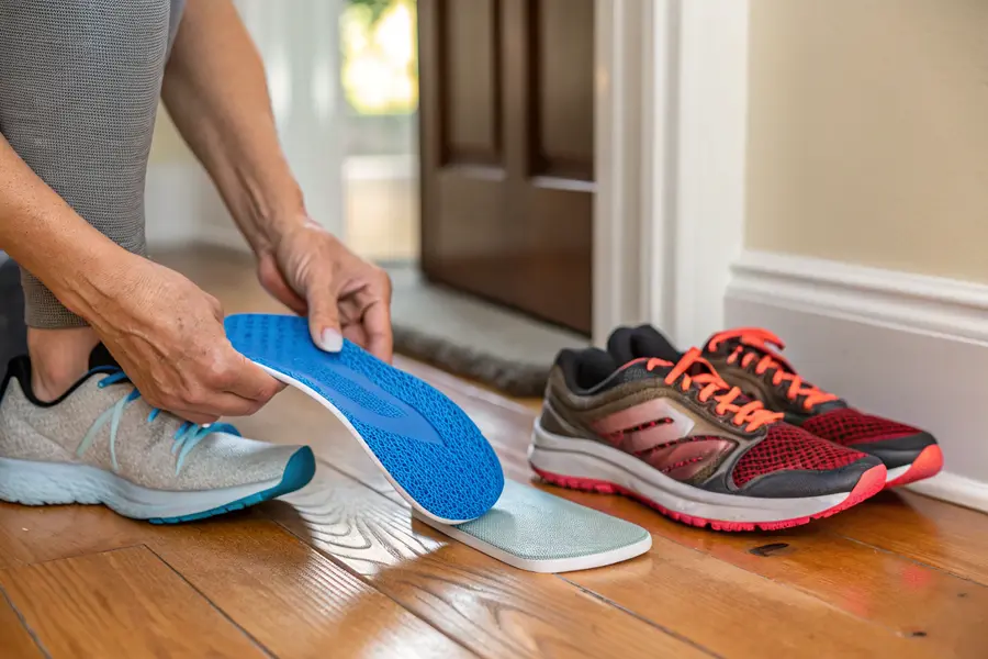 A close-up image showing someone placing a structured insole with arch support and heel cushioning into a sports shoe, representing effective relief for plantar fasciitis.