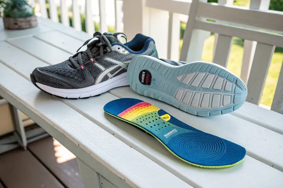 A close-up view of a pair of shoes, one with its original insole removed and a new replacement insole positioned next to it, demonstrating the correct insole replacement process.