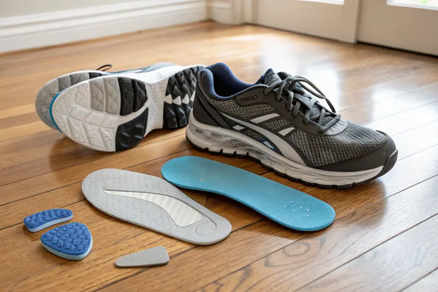Athletic shoes on a wood floor, one shoe displaying a semi-rigid insole with pronounced arch support, surrounded by various types of shoe inserts.