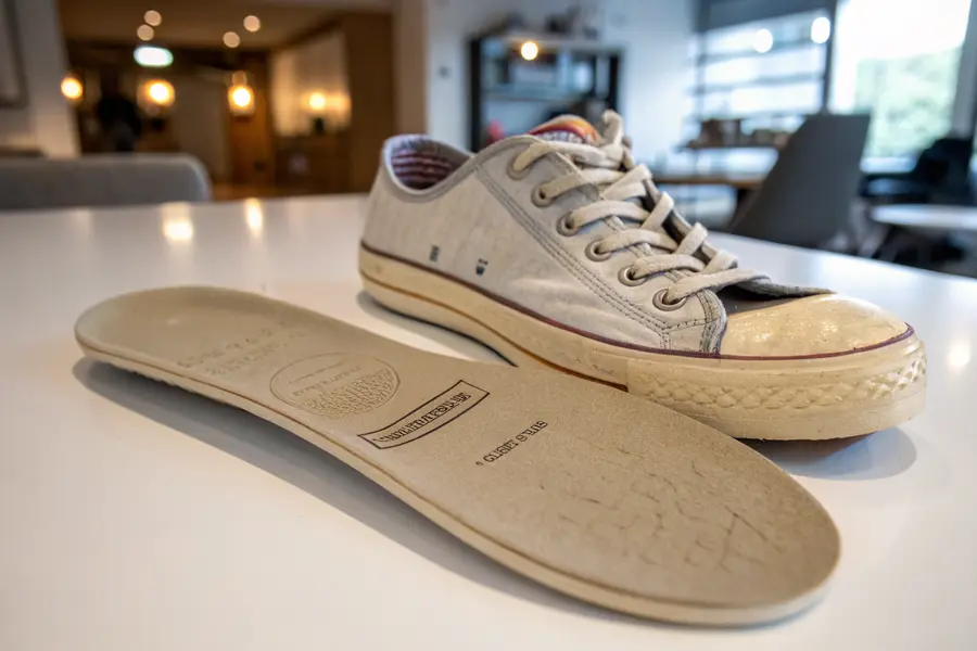A close-up view of sneakers showing a worn, flattened insole next to a new, cushioned insole, illustrating the difference and the need to replace insoles regularly.
